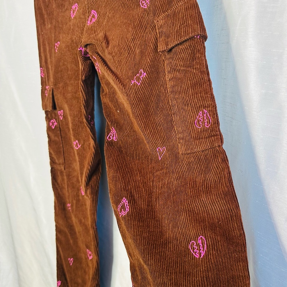 Brown Corduroy Pants with Pink Heart Embroidery - Picture 6 of 10